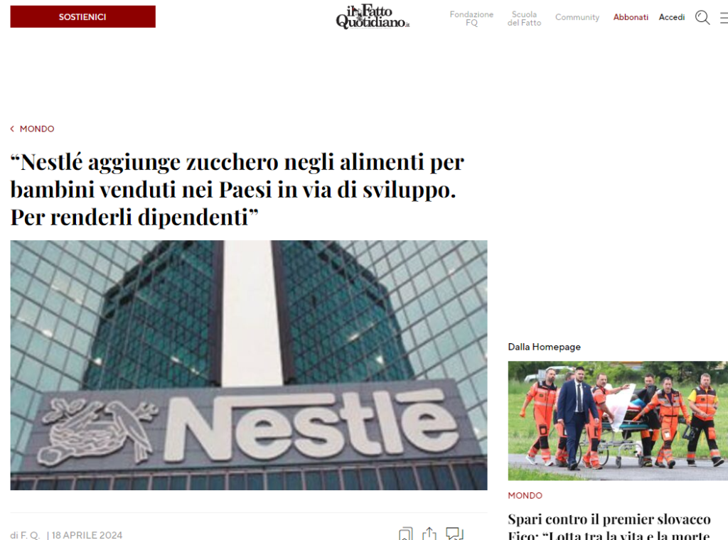 Nestlé aggiunge zucchero negli alimenti per bambini